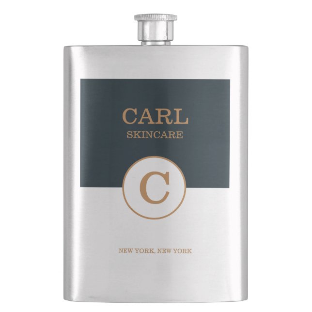Trendy Modern Blue Gold Beauty Salon Monogram Logo Flask (Front)