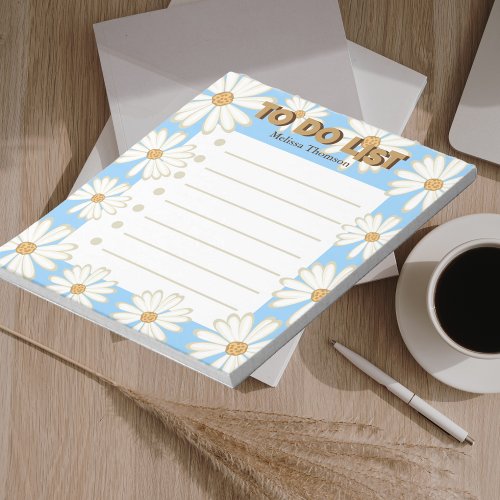 Trendy Modern Blue Watercolor Daisy To Do List Notepad