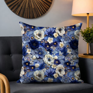 Trendy Modern Blue White 3D Floral Pattern Throw Pillow