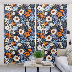 Trendy Modern Blue White Floral Flower Pattern Blackout Curtains