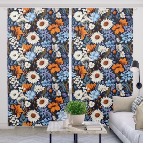 Trendy Modern Blue White Floral Flower Pattern Blackout Curtains