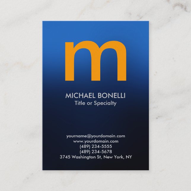 Trendy modern blue yellow monogram business card (Front)