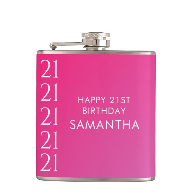 Trendy Modern Bold Pink Gradient 21st Birthday Flask (Front)