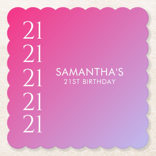 Trendy Modern Bold Pink Gradient 21st Birthday Paper Coaster (Front)