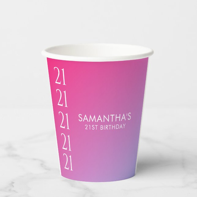 Trendy Modern Bold Pink Gradient 21st Birthday Paper Cups (Front)