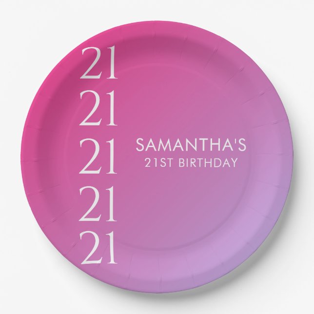 Trendy Modern Bold Pink Gradient 21st Birthday Paper Plates (Front)