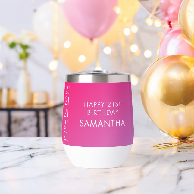 Trendy Modern Bold Pink Gradient 21st Birthday Thermal Wine Tumbler (Bachelor Party (Rotated))