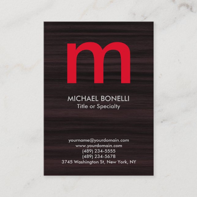 Trendy modern brown wood red monogram business card (Front)
