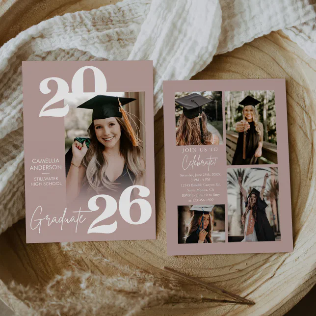 Dusty pink multi-photo graduation announcement with white text.