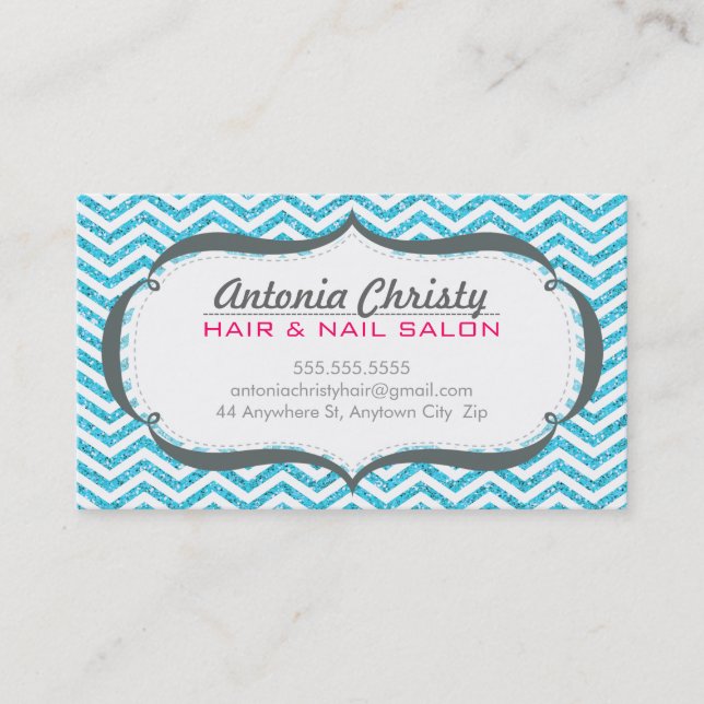 TRENDY modern chevron pattern faux aqua glitter Business Card (Front)