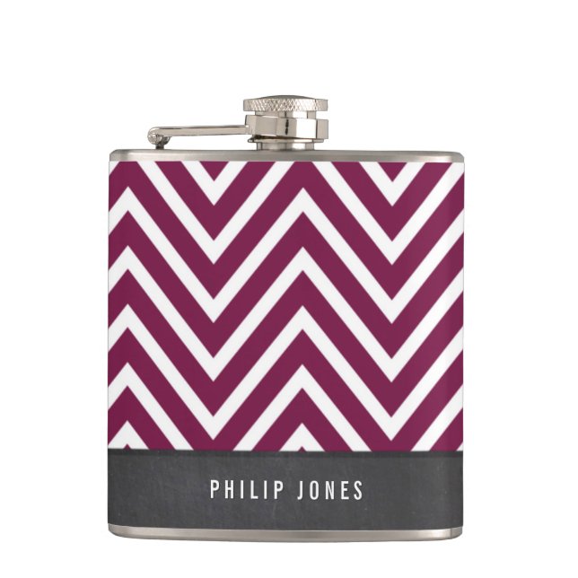 TRENDY modern chevron pattern gray maroon plum Flask (Front)
