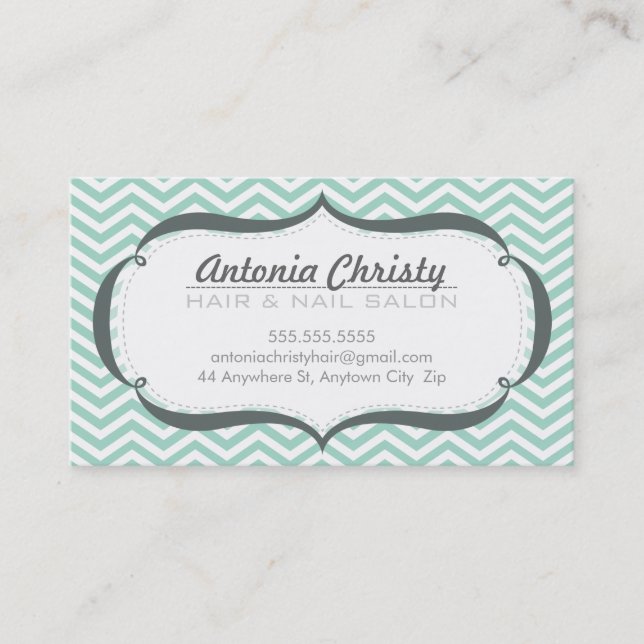 TRENDY modern chevron pattern pale mint green gray Business Card (Front)