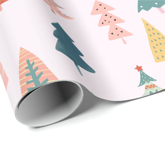 Trendy Modern Christmas Tree Pattern on Pink Wrapping Paper (Roll Corner)