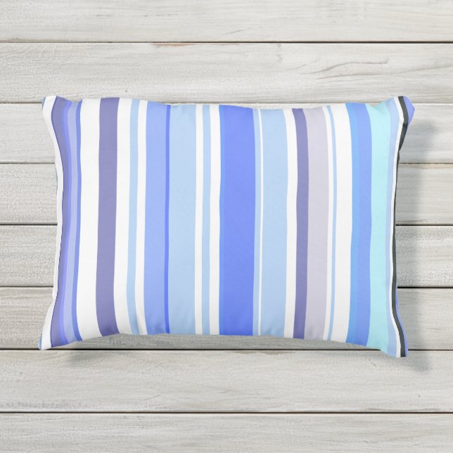 Trendy modern coastal blue and white stripes outdoor pillow (Back)