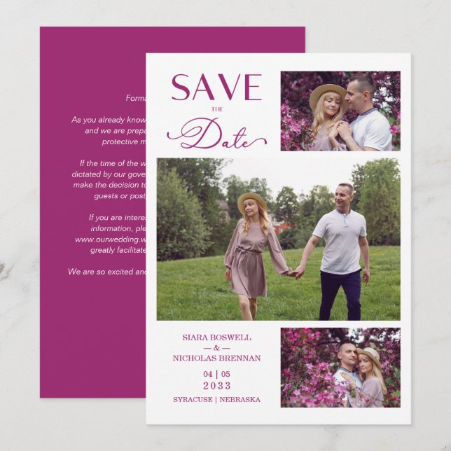 Trendy Modern Collage 3 Photos Wedding  Save The Date (Front/Back)