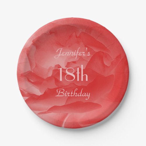 Trendy Modern Coral Pink Rose Name 18th Birthday Paper Plates