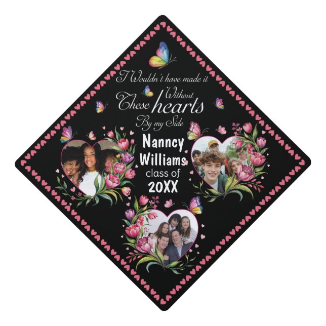 Trendy modern custom hearts Photoes– Floral design Graduation Cap Topper (Front)