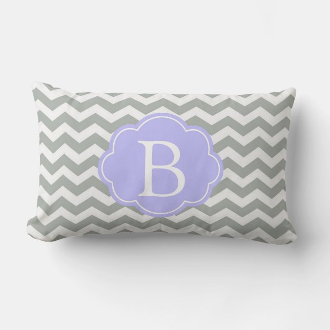 Trendy, modern, elegant grey chevron monogram lumbar pillow (Front)