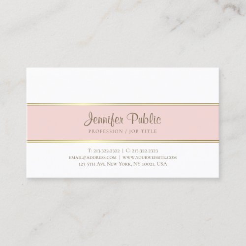 Trendy Modern Elegant Pink Gold White Simple Plain Business Card