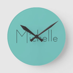 Trendy Modern Elegant Simple Blue Your Name Round Clock
