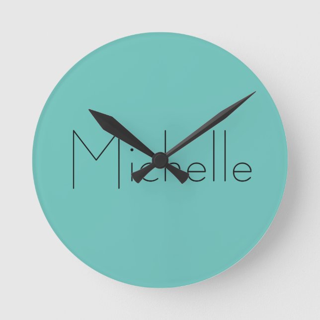 Trendy Modern Elegant Simple Blue Your Name Round Clock (Front)