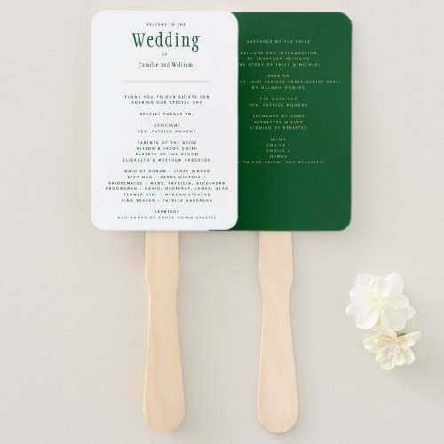 Trendy Modern Emerald Green Gold Wedding Program H Hand Fan