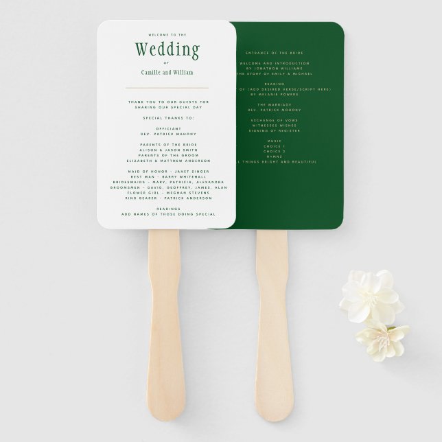 Trendy Modern Emerald Green Gold Wedding Program H Hand Fan (Front and Back)