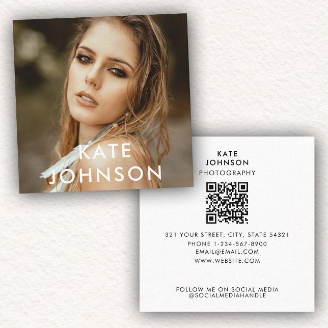 Trendy Modern Full Photo QR Code Social Media Square Business Card (Trendy Modern Full Photo QR Code Social Media Square Business Card)