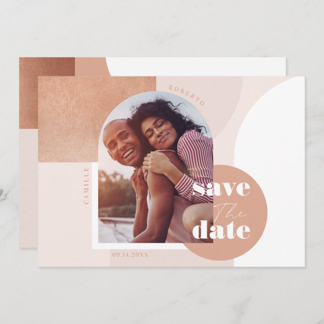 Trendy Modern Geometric Blush Pink Couple's Photo Save The Date (Front/Back)