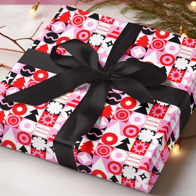 Trendy Modern Geometric Christmas Pattern Red Pink Wrapping Paper (Creator Uploaded)