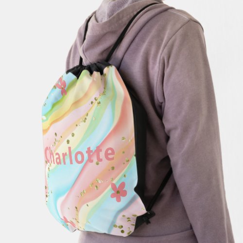 Trendy Modern Girly Glitter Floral Personalized Drawstring Bag