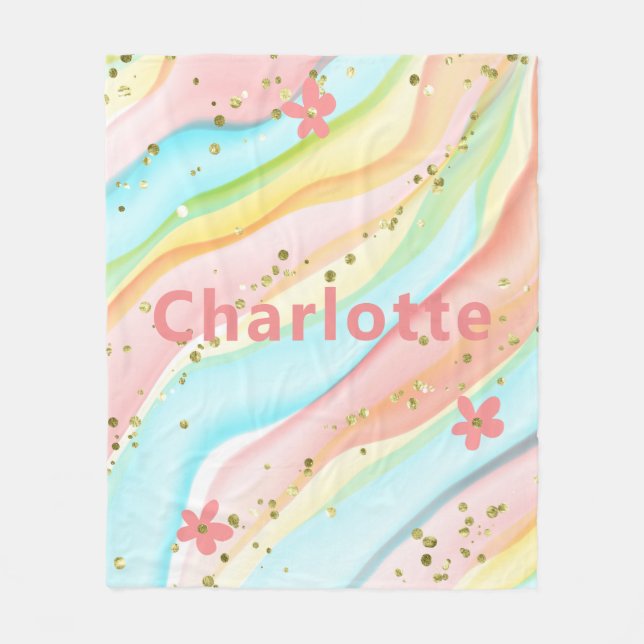 Trendy Modern Girly Glitter Floral Personalized Fleece Blanket (Front)