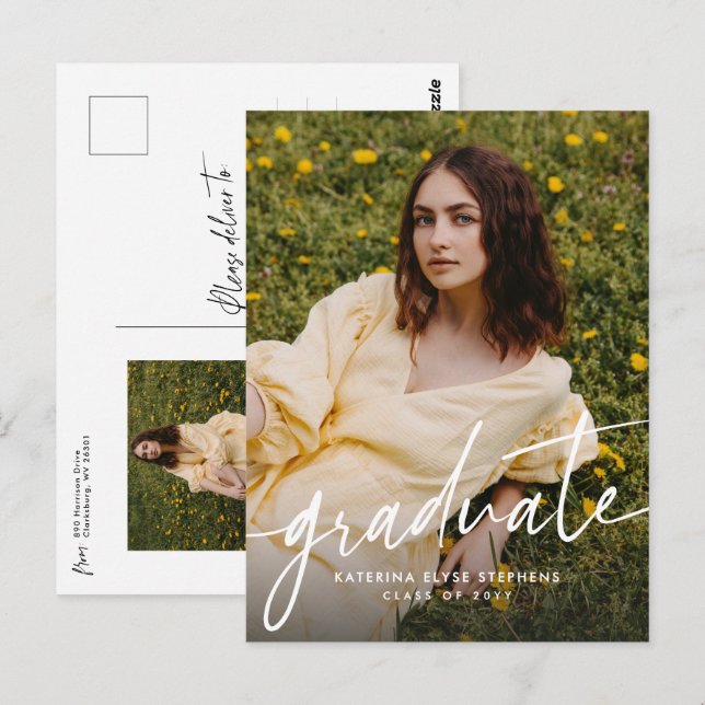 Trendy modern graduate simple two photo graduation postcard (Front/Back)