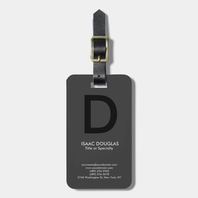 Trendy modern gray black bold monogram luggage tag (Front Vertical)