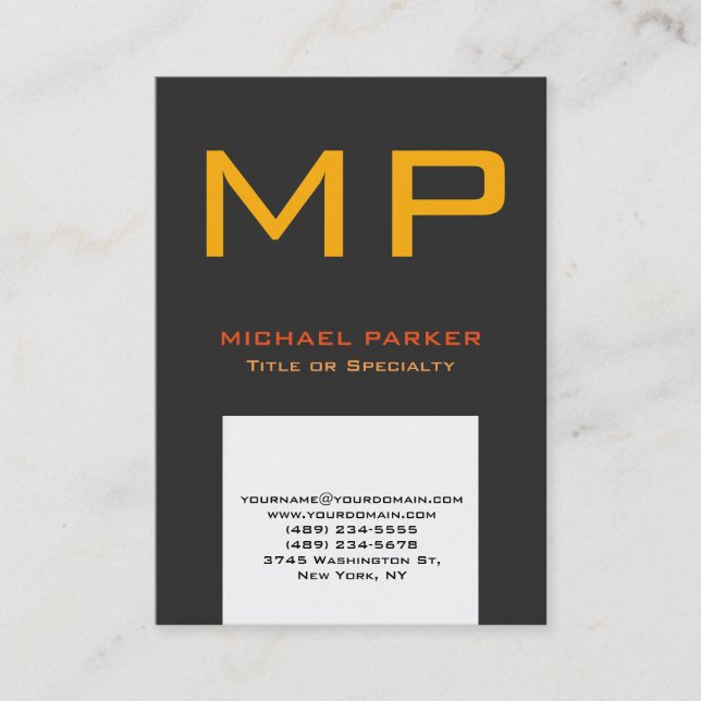 Trendy modern gray white yellow monogram business card (Front)