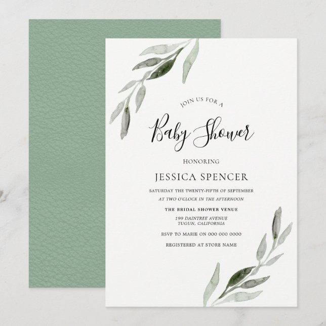 Trendy Modern Green Leaf Baby Shower Invite (Front/Back)