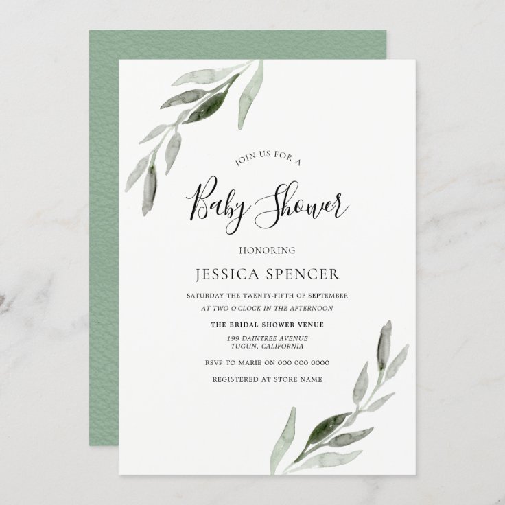 Trendy Modern Green Leaf Baby Shower Invite | Zazzle