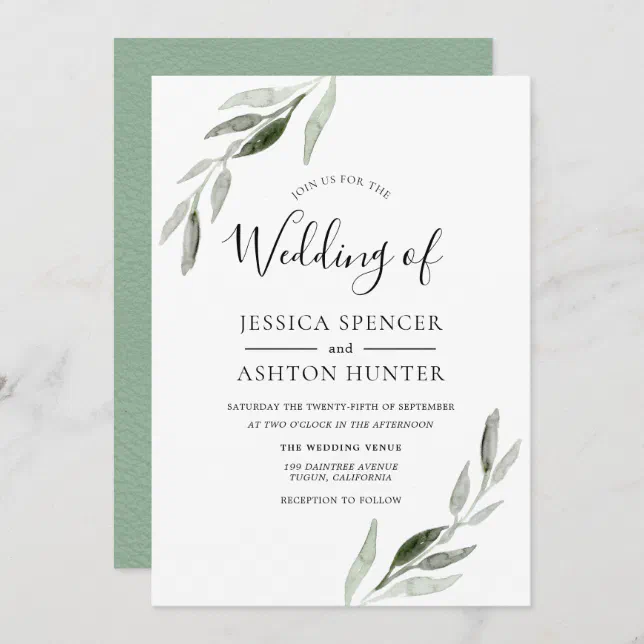 Trendy Modern Green Leaf Wedding Invitation | Zazzle