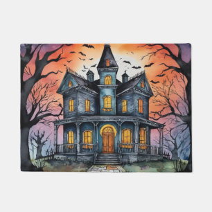 Trendy Modern Halloween Haunted House Bats         Doormat