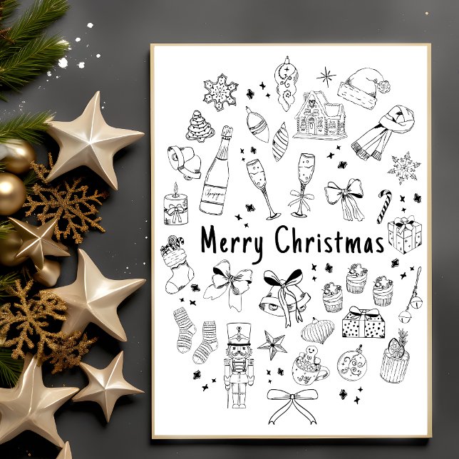 Trendy Modern Hand Drawn Budget Black & White Xmas Postcard (Creator Uploaded)