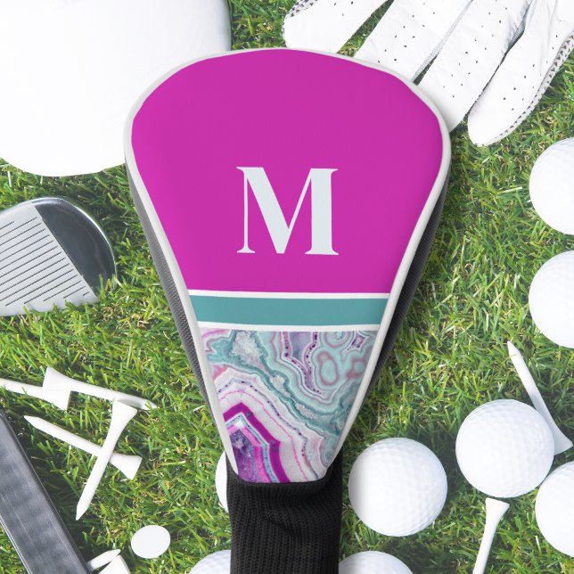Trendy Modern Initial Monogram  Golf Head Cover (Modern Turquoise Magenta Agate Initial Monogram Golf Head Cover)
