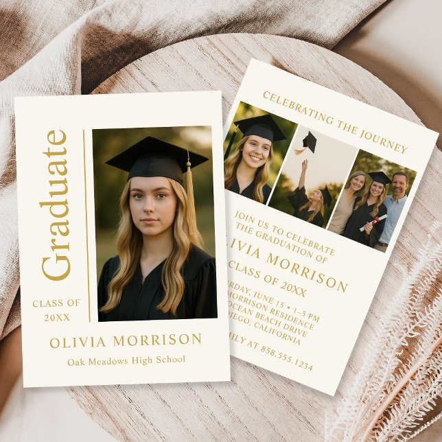 Trendy Modern Ivory Gold Photo Graduation Invitation (Creator Uploaded)