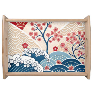 Trendy Modern Japanese Wave & Sakura Pattern  Serving Tray