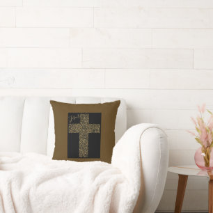 Trendy Modern Jesus Gold Cross Brown Throw Pillow