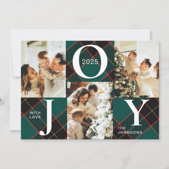 Trendy Modern Joy Green Plaid Photo Christmas Holiday Card (Front)