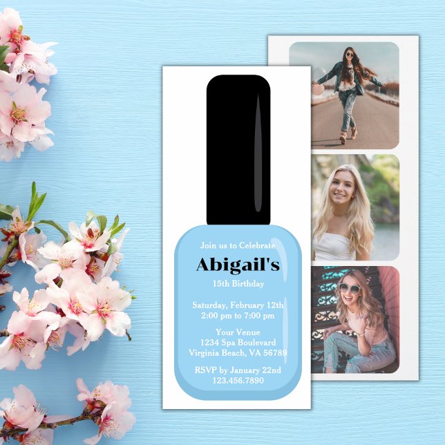 Trendy Modern Light Sky Blue Nail Polish Birthday Invitation (Creator Uploaded)