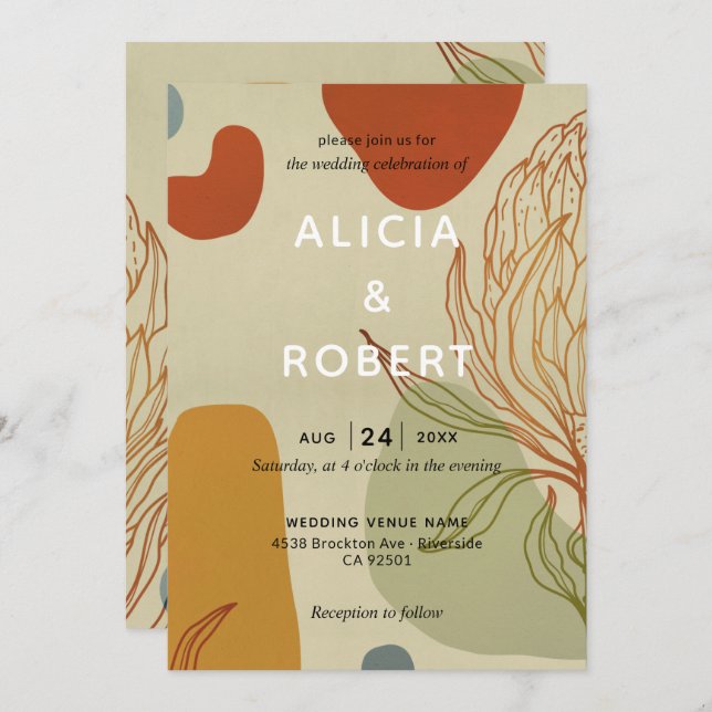 Trendy Modern Line Abstract Protea Botanical Invitation (Front/Back)