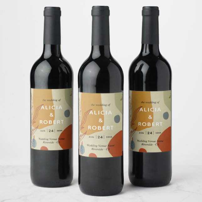 Trendy Modern Line Abstract Protea Botanical Wine Label (Bottles)
