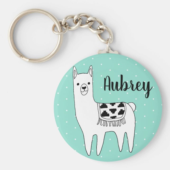 Trendy Modern Llama & Polka Dots Script Name Keychain (Front)