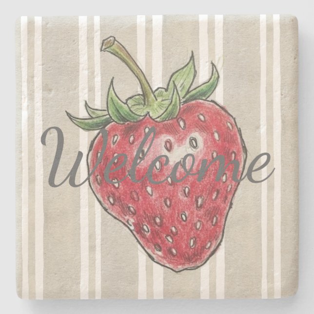 Trendy modern look dusty grey stripes strawberry stone coaster (Front)